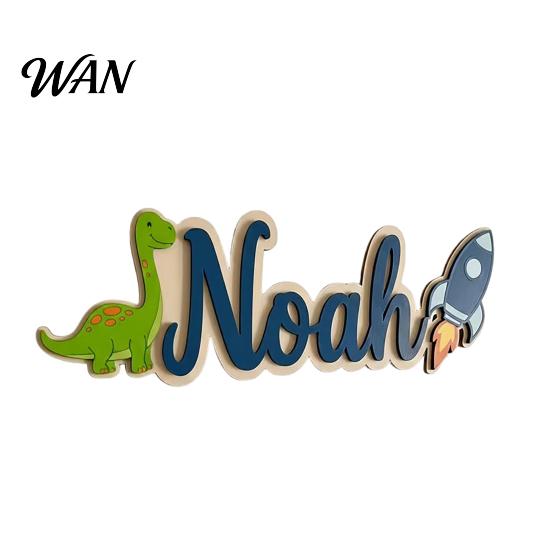 Soft Color Kids Door Decor Personalized Name Sign Dinosaur Rocket Wooden for Boys For Custom Nursery Hanging Wall Bedroom Playroom