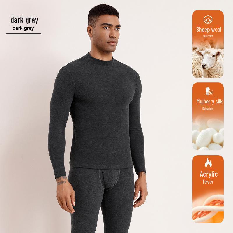 

Мужской комплект термобелья из шерсти и шелка с вырезом средней длины и утолщенным бархатом на осень L темно-серого