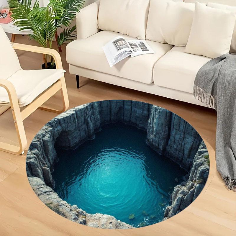 Flannel Printed Round Rug With Blue Water Pool Design For Home Decor Soft Floor Mat Nature Art Theme Modern Interior