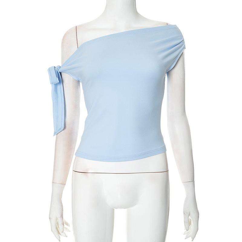 Women's Summer Single Shoulder Backless Twisted Tie Asymmetrical T-shirt Top