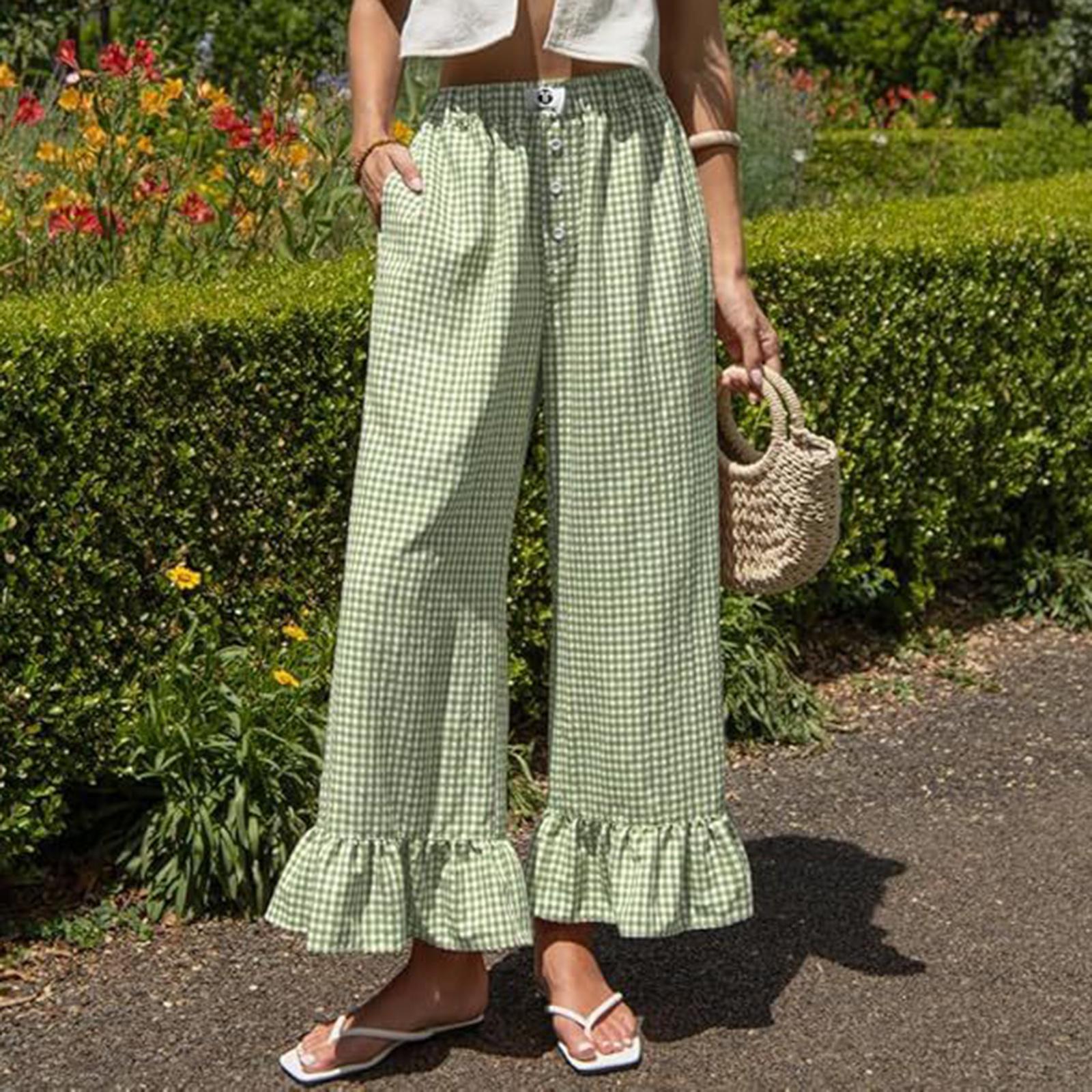 

Women s Wide Leg Pants, Elastic Waist Plaid Trousers With Ruffle Hem And Button Detail L зелений