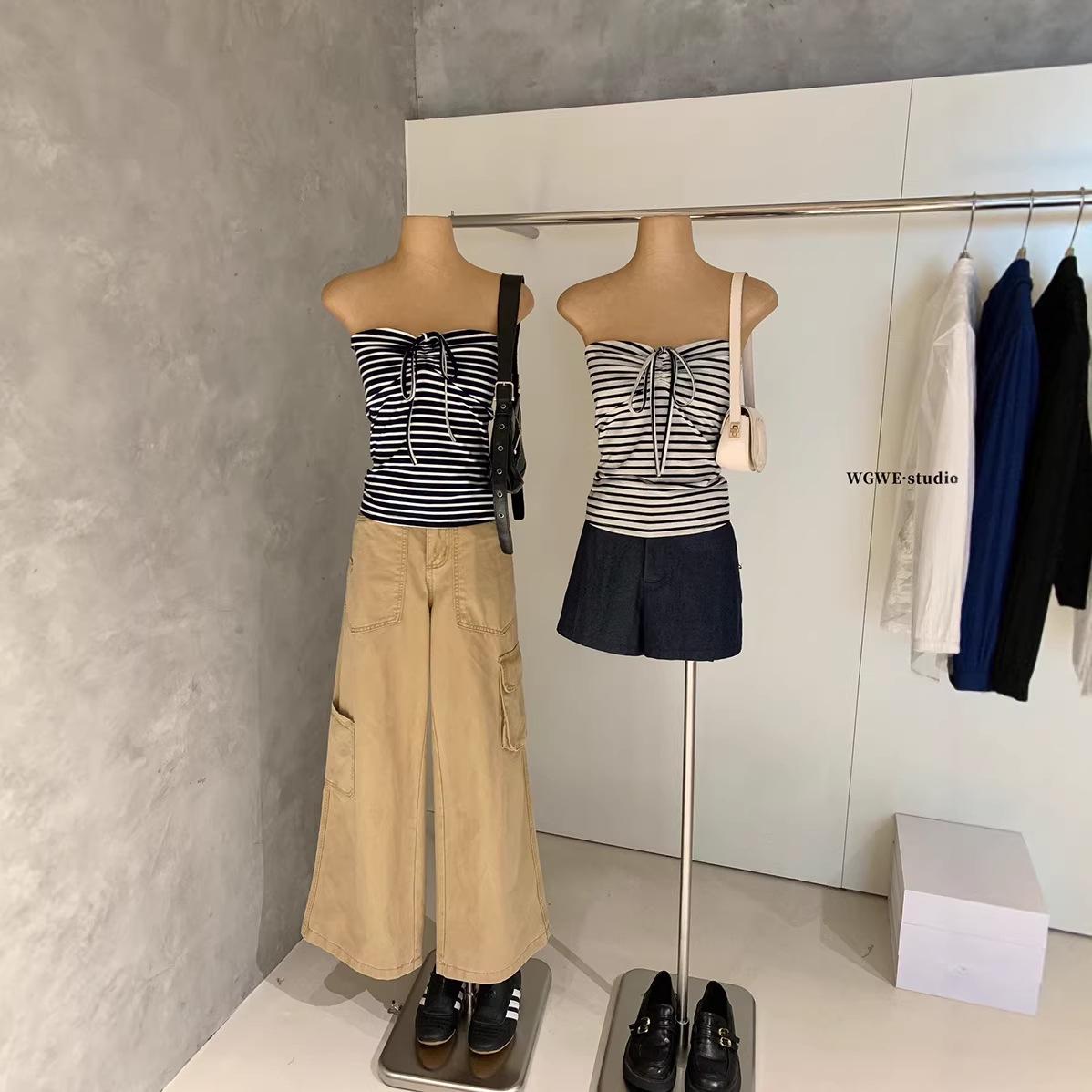 Retro Spicy Striped Lace-up Bandeau Tank Top – Sleeveless and Slimming Design S No Returns