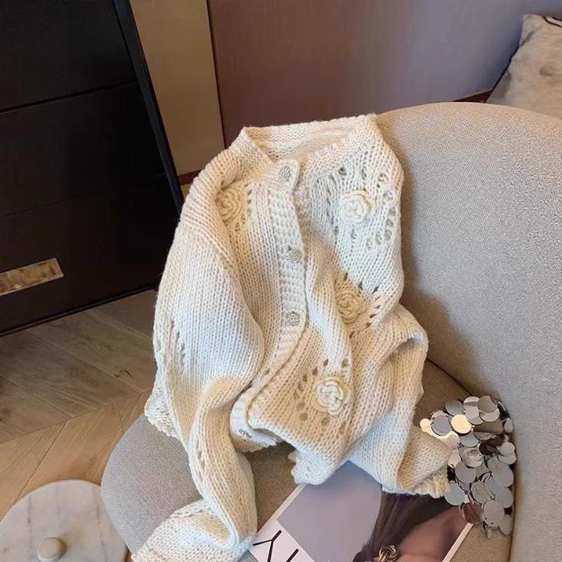 Three-dimensional Crochet Hollow Sweater Cardigan Women's Spring Design Sense Niche Gentle Sweet Soft Waxy Knitted Coat