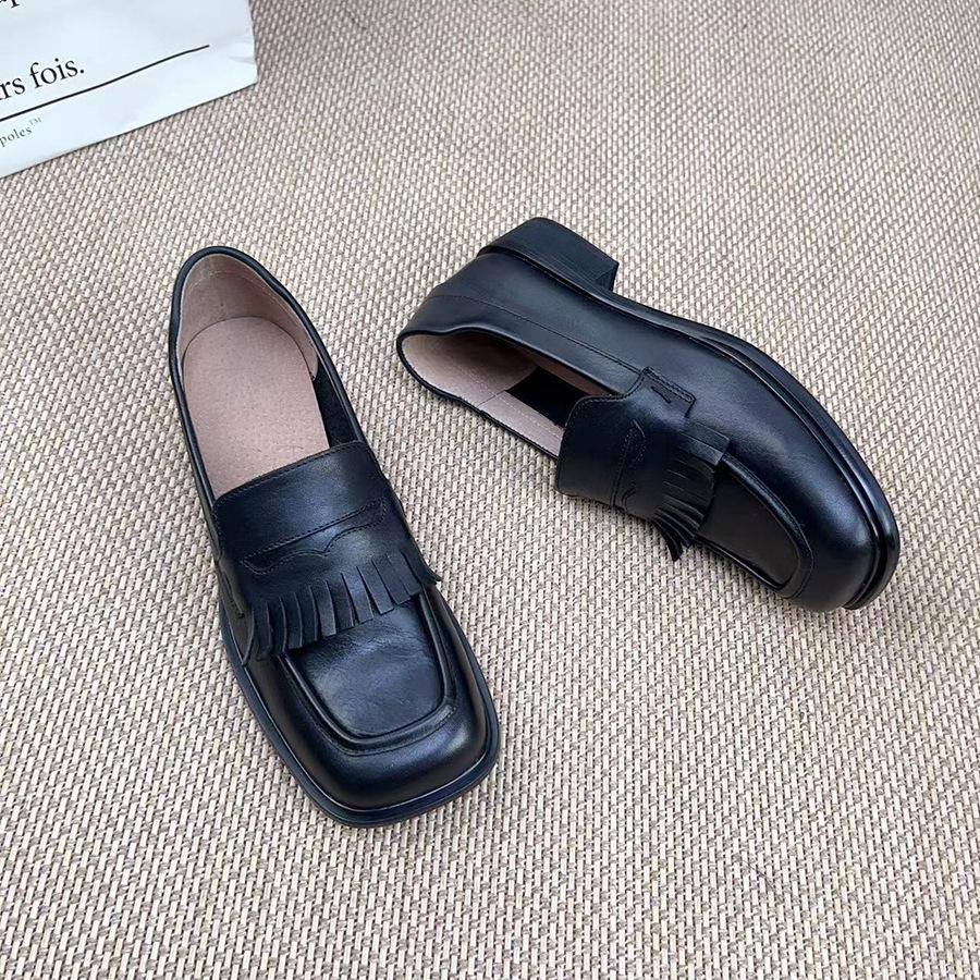 Johnature Genuine Leather Women Pumps Retro Square Toe Soft Sole Comfortable Shallow Slip-on Low Heel Shoes