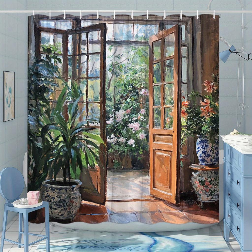Rustikale Gartentür Wasserdichter Duschvorhang Für Badezimmerdekor, Bringt Den Charme Der Natur Mit Blühenden Blumen Und Üppigem Grün