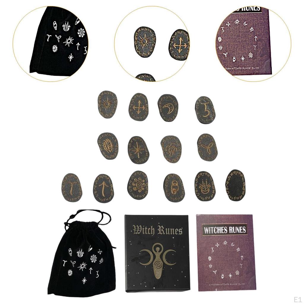 Witch Rune Stones Set Wood, Wooden Carved Runes Party Favor Guide Book with Storage Bag for