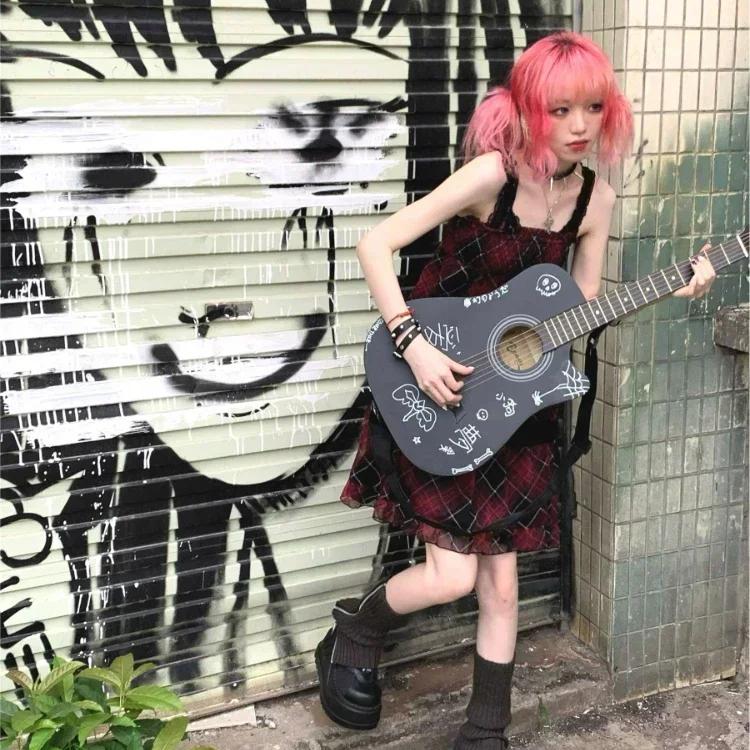 Harajuku Goth Vermelho Mini Xadrez Vestido Feminino Y2k Gothic Mall Cyber Punk Vestidos de Halloween Vintage One Piece Slip Vestidos