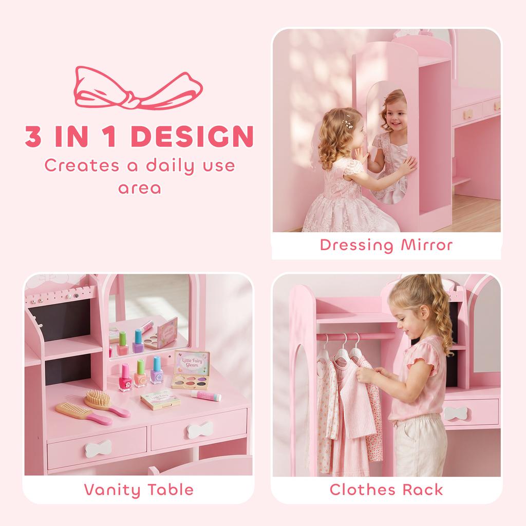 Kids Dressing Table, 3-in-1 Kids Vanity Set with Stool, Pink