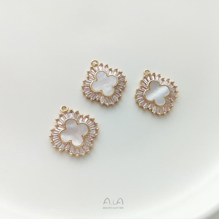 14K Gold-Filled Four-Leaf Clover Pendant with Inlaid Mother of Pearl, Zircon, and Abalone Shell - DIY Necklace/Bracelet Charm