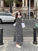 Spring/Summer 2024 Retro Black Floral Dress: Slim Fit, Medium-Long Length with Ruffled Skirt