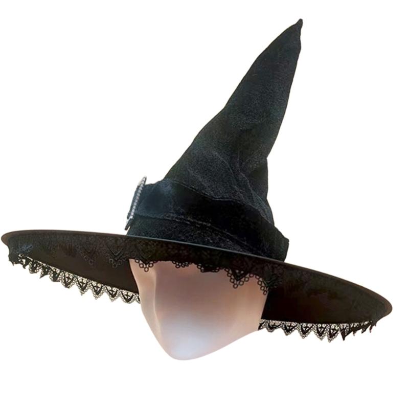 

Halloween Party Velvet Witch Hats Party Wide Brim Pointed Hat Accessory Tulle Witch Hat with Lace Conjurer 1 чорний