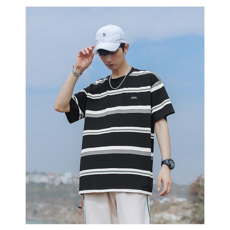 Men's Summer Couples Short Sleeve T-Shirt Loose Fit Japanese Black And White Striped Round Neck Top Casual Shirt For Men Stylish Summer Apparel