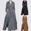 Lapel Long Sleeves Slant Pockets Pleated Large Hem Autumn Dress Office Lady A-Line Solid Color Shirt Dress Female Clothing