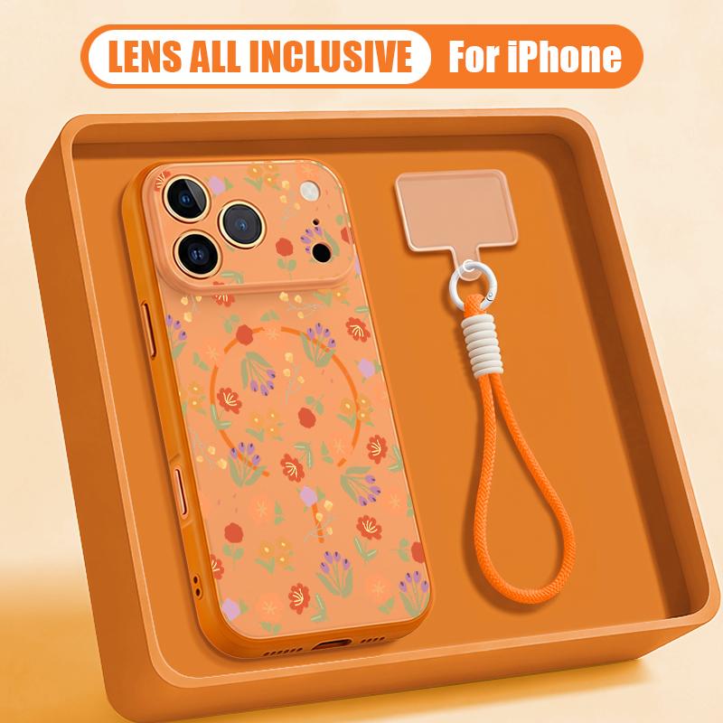 White Flower Pattern Hand Strap Case For iPhone 17 Pro Max iPhone 16 15 14 13 Pro Max Magnetic For Magsafe Hybrid TPU+PC Matte Cover