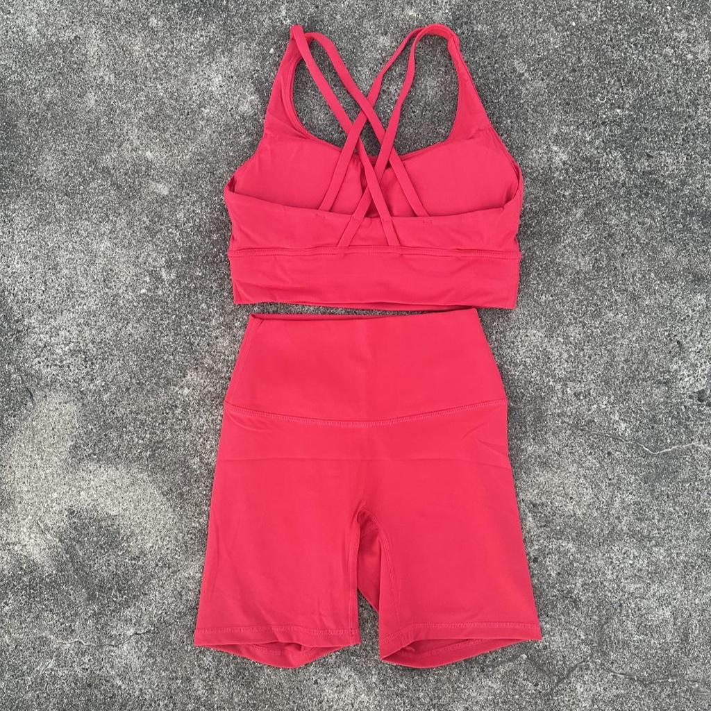 Lulu Women's Nude Yoga Short Set with Cross-Back Sports Bra