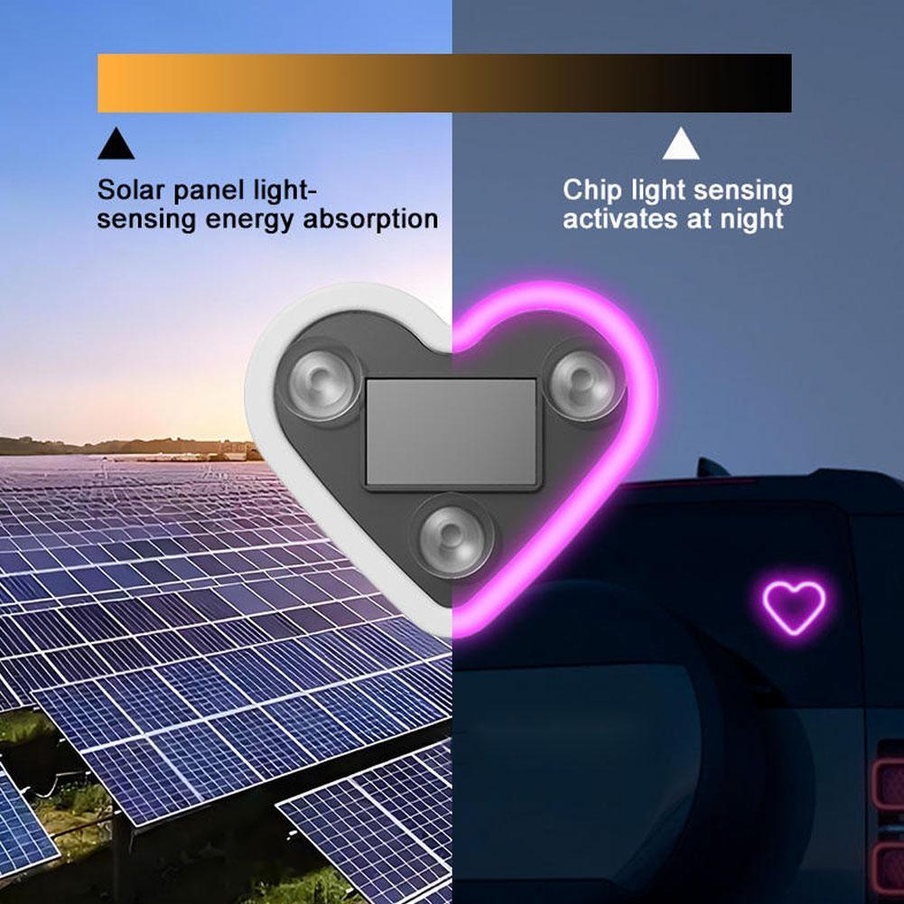 Car Triangle Window LED Solar Powered Heart-shaped Neon Light Rear Window Illuminated Interior Decoration Atmosphere Light