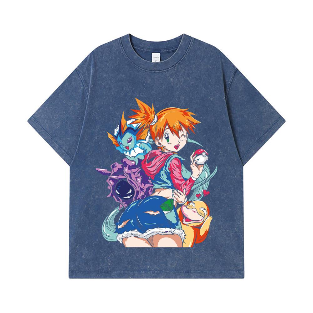 275 GSM Washed T-shirts 100% Cotton Pokemon V17 Misty Print Unisex Heavy Cotton T Shirt
