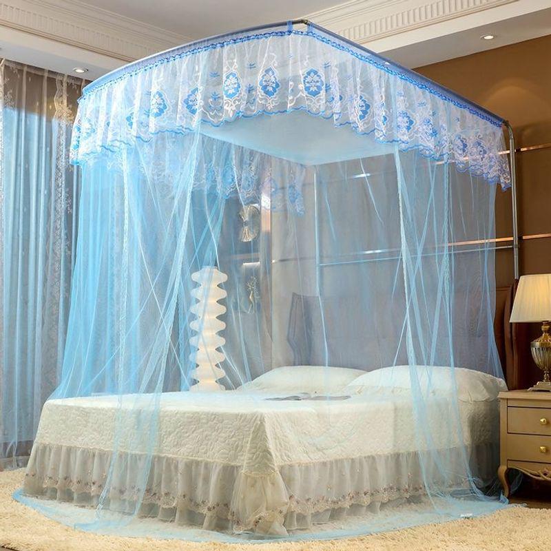 Palace Style Floor-Standing U-Shaped Double Bed Mosquito Net, Retractable with Three Doors, Dense Mesh, Sturdy Stainless Steel Support.