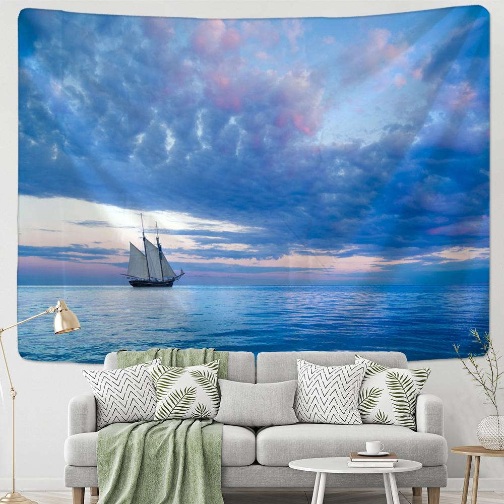 Blaue Wolken Cartoon Animation Wandteppich Himmel und Meer Hängende Tapisserie Psychedelisch Für Home Landschaft Schiff Wandtuch