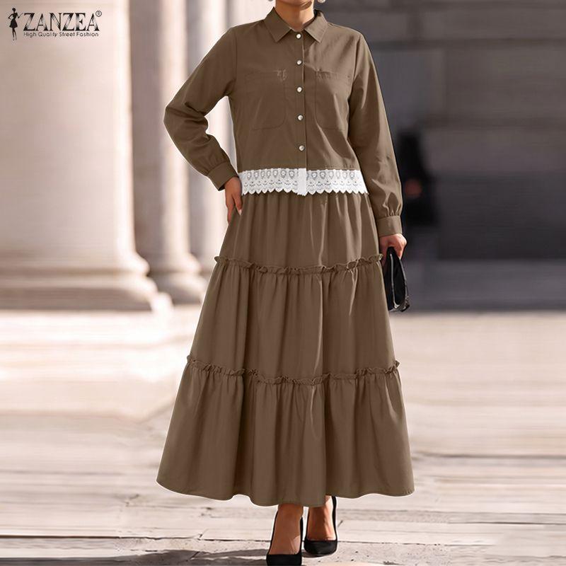 ZANZEA Ensembles Deux Pièces Élégants pour Femmes : Blouse à Manches Longues Bordée de Dentelle et Longues Jupes