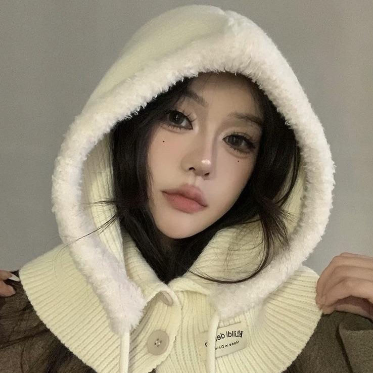 1pc Women's Drawstring Faux Collar Balaclava Hat,Outdoor Warm Knitted Face Neck Protective Hood Cape,for Winter Cold Protection