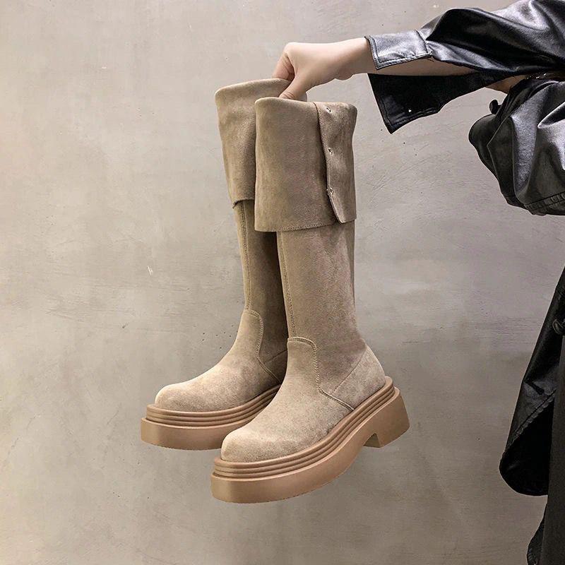 2025 Autumn/Winter Women's Chunky Heel Knee-High Foldable Boots