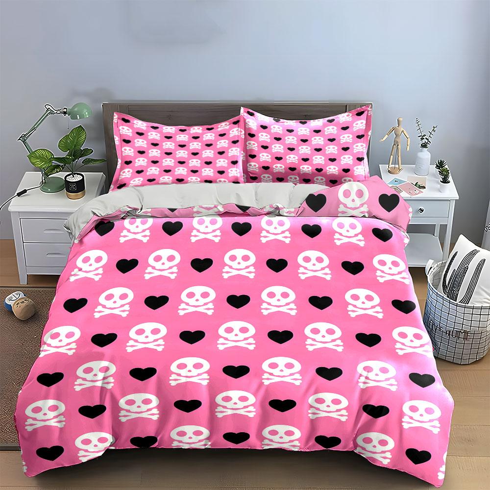 Pink Skull and Heart Bedding Set Bedding Duvet Cover Set Duvet Cover Pillowcases (1 * Duvet Cover 2 * Pillowcases, without duvet insert)