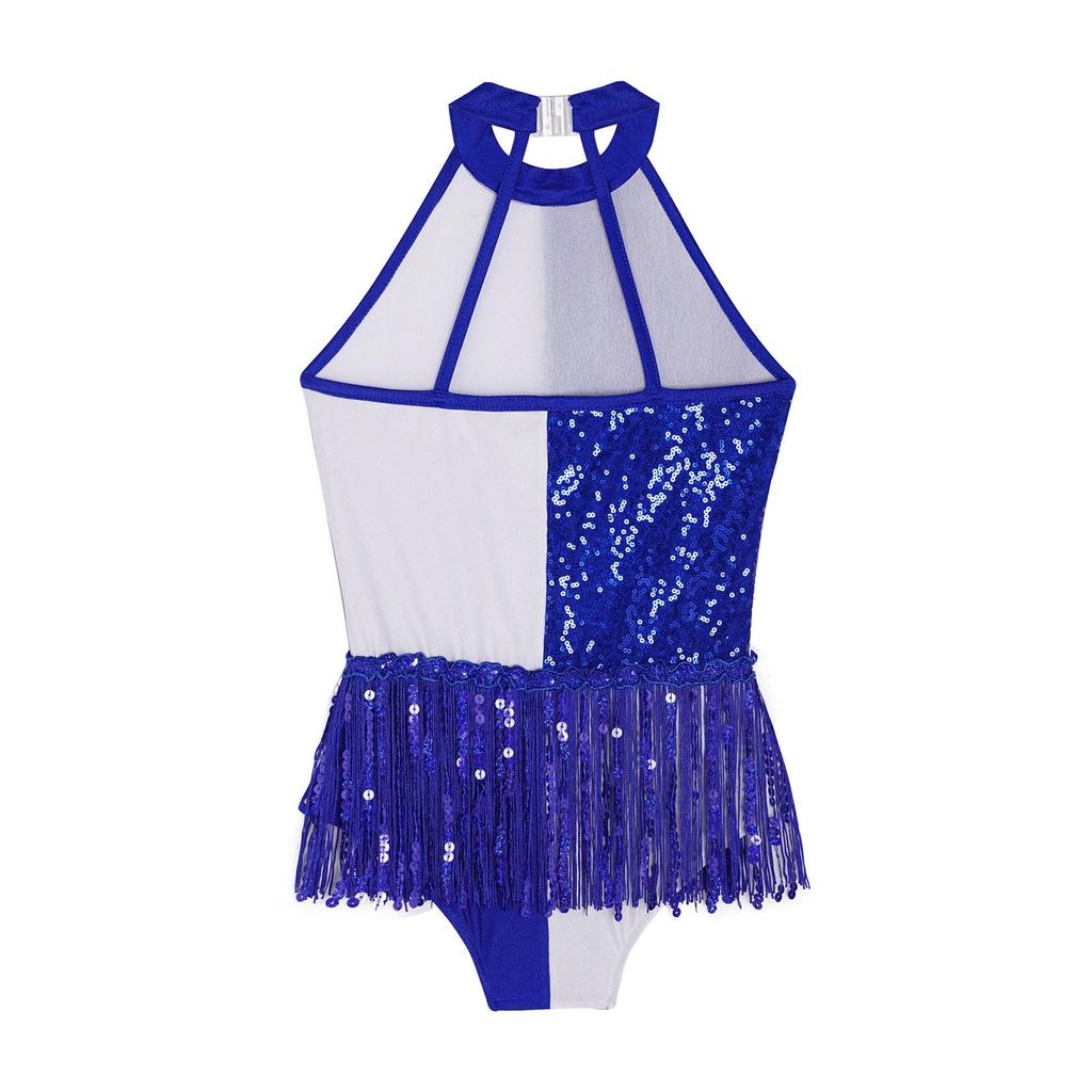 Girls Sequins Modern Jazz Latin Samba Stage Costume Halter Tank Leotard Tassel Dress School Ballroom Dancewear