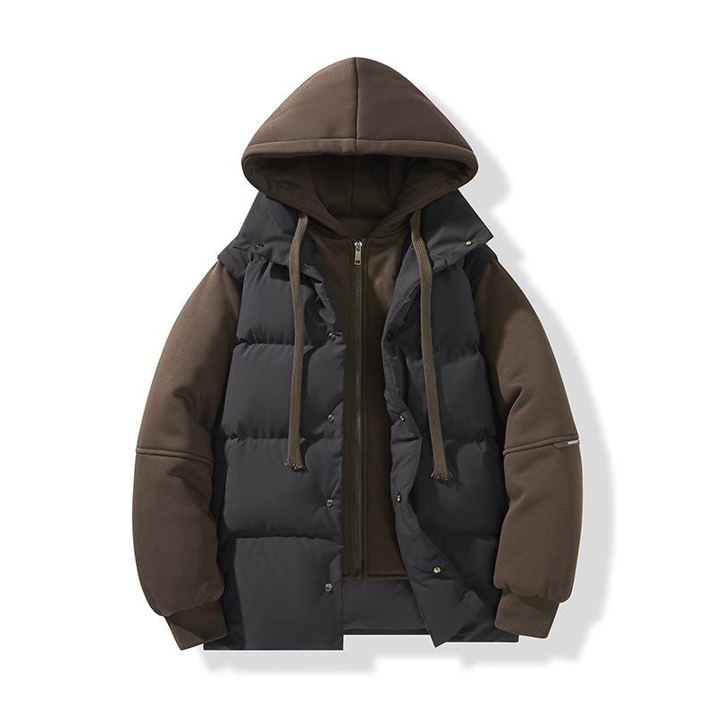 Winter new fake two-piece couple hooded cotton-padded clothes trendy brand wear warm cotton-padded jackets