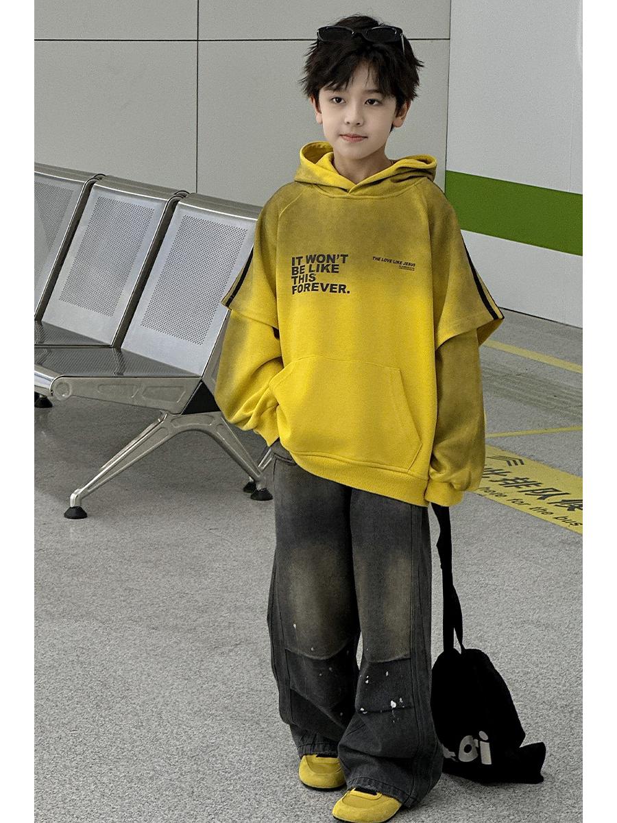 

Boys Hooded Sweatshirt - 2025 Spring/Autumn Trend, Fake Two-Piece Design for Big Kids 120 cm жёлтый