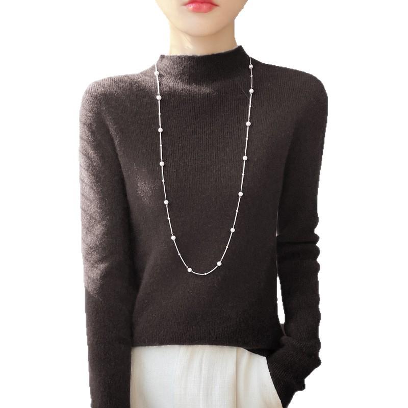 Jersey de Punto de Manga Larga Ajustado para Mujer con Cuello Alto - Color Sólido, Alta Elasticidad, Capa Base Otoño/Invierno.