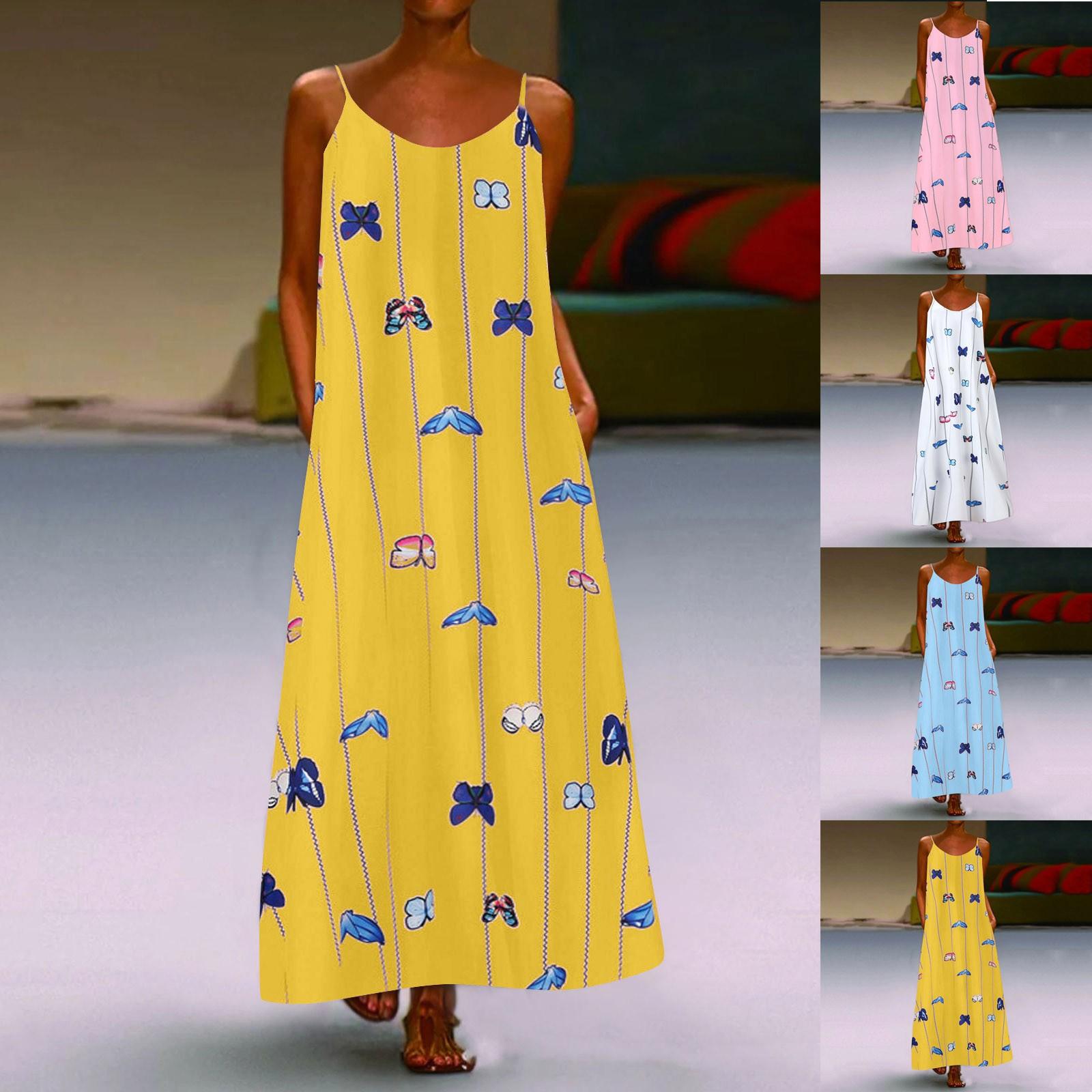 

Женское платье без рукавов с принтом и длинной юбкой на подтяжках