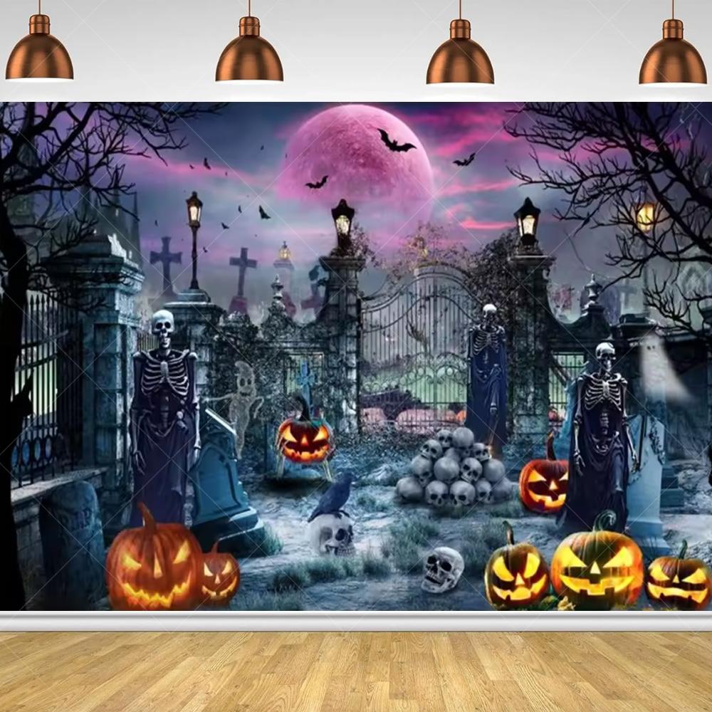 Halloween Horror Night Party Family Gathering Pumpkin Lantern Evil Witch Black Castle Cemetery Forest Background Cloth backdrop