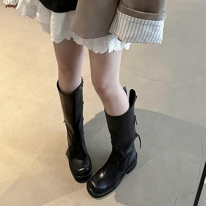 Cowhide Version~ Retro Niche Belt Buckle High Knight Boots Women's 2025 New Thick Heel Boots Cowboy Boots