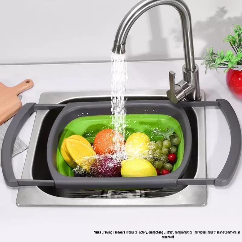 Dual-Use Folding Cutting Board & Telescopic Draining Basket for Vegetables and Fruit Washing