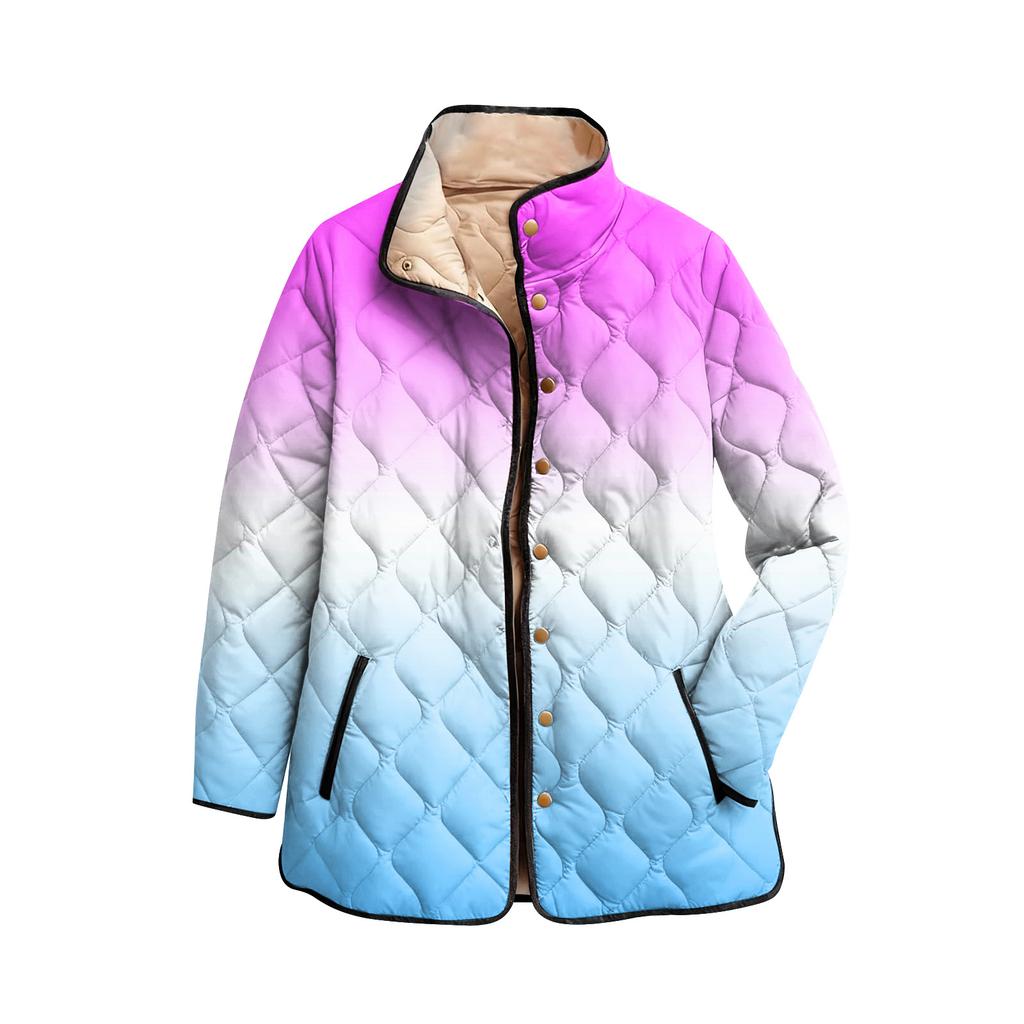 Ladies' Gradient Printed Stand Up Collar Pleated Cotton Long Sleeved Buttoned Cotton Jacket