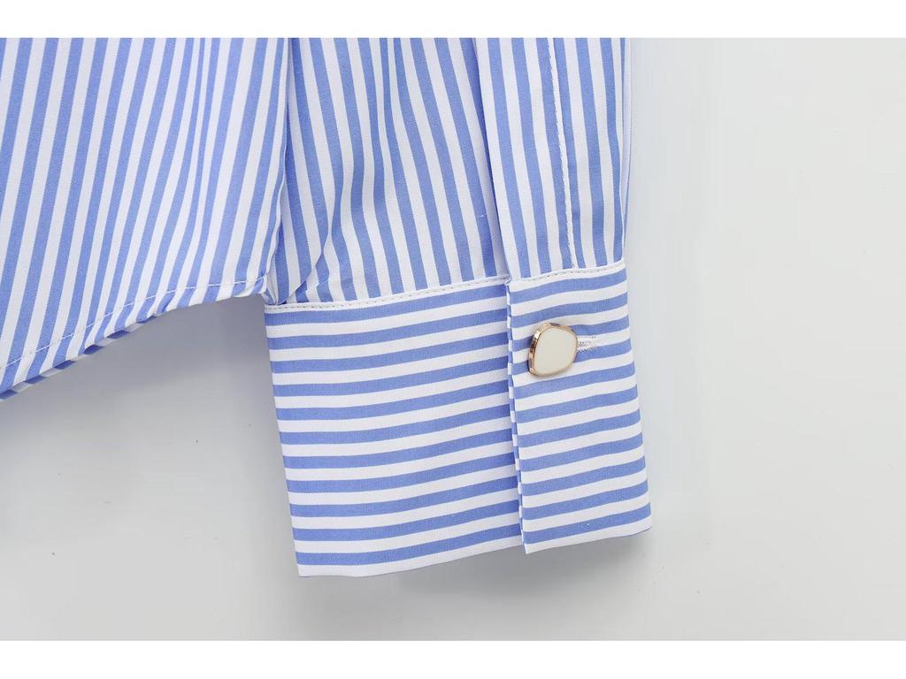2025 Spring Women's European & American Striped Poplin Long Sleeve Lapel Shirt