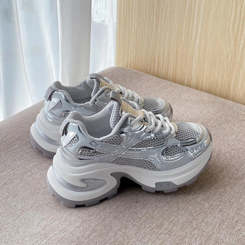 BKQU Sports Shoes for Women Mesh Lace-up Thick-soled Shoes  Spring Breathable Womens Thick-soled Shoes for Women