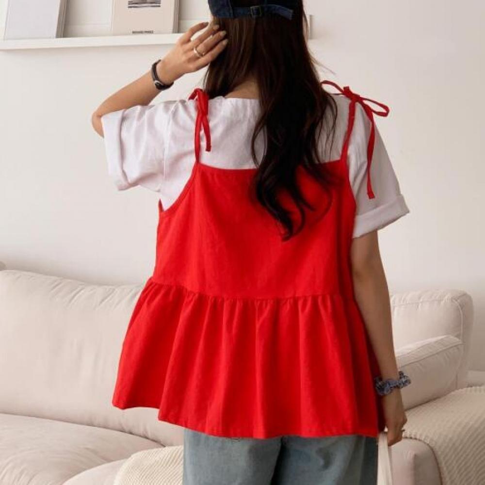 New Arrivals Open Run Women Linen Vivid Frill Layered STrap T shirT