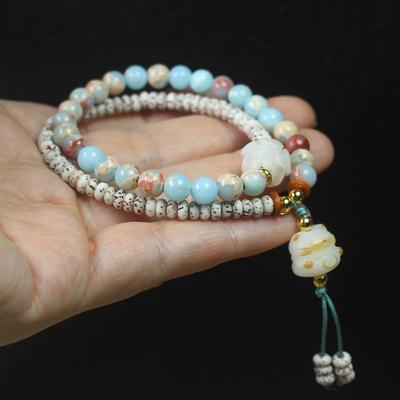 Moon Bodhi Flat Beads & Shoushan Stone Bracelet, Light Luxury Niche Chinese Style Buddhist Prayer Beads for Women