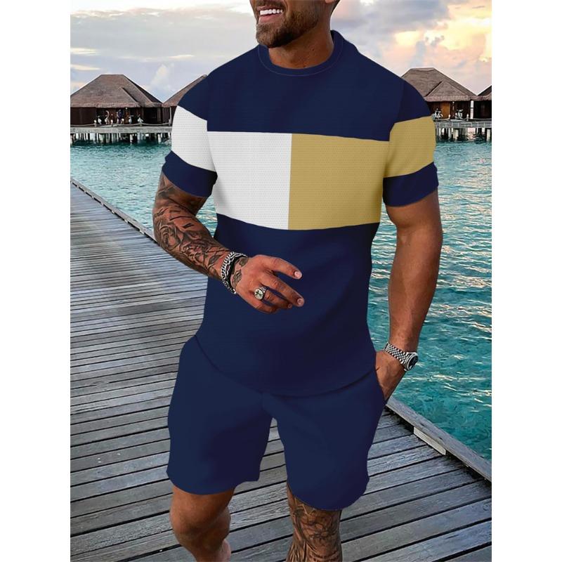 Summer Bestseller T-Shirt Set Color-Block Striped Short-Sleeve T-Shirt & Shorts Set Casual Outdoor Running Fitness Set
