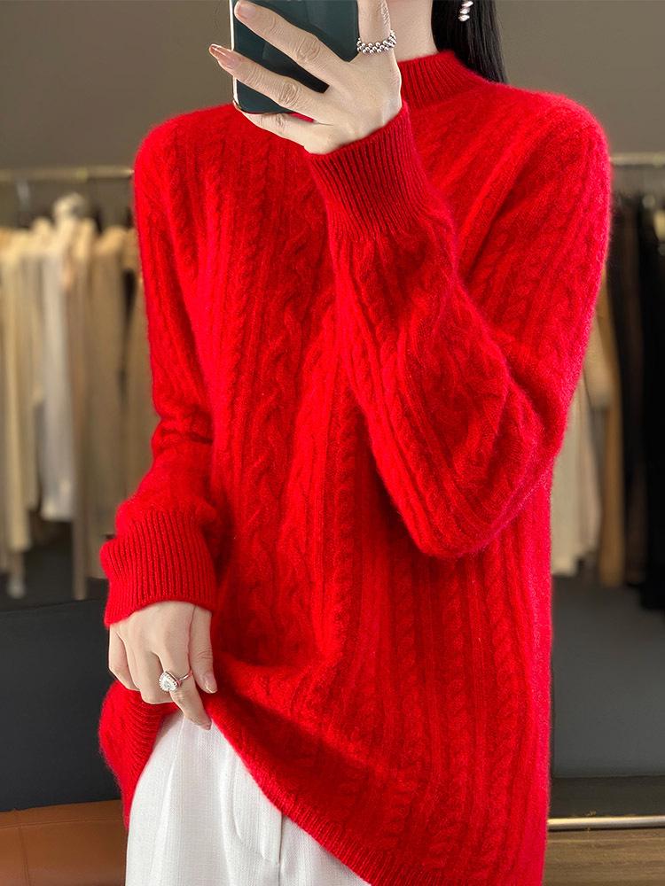 Women's Vintage Cable Knit Wool Sweater, Semi-High Neck, Long Sleeve, Thickened Cashmere, Loose Fit