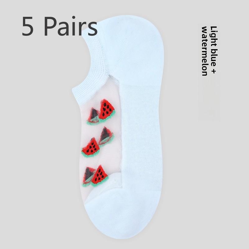 5 Paar Socken Damen Frühling Sommer Damen Socken Frucht Glasseide Atmungsaktiv Damen Unsichtbare Socken Damen Bootssocken