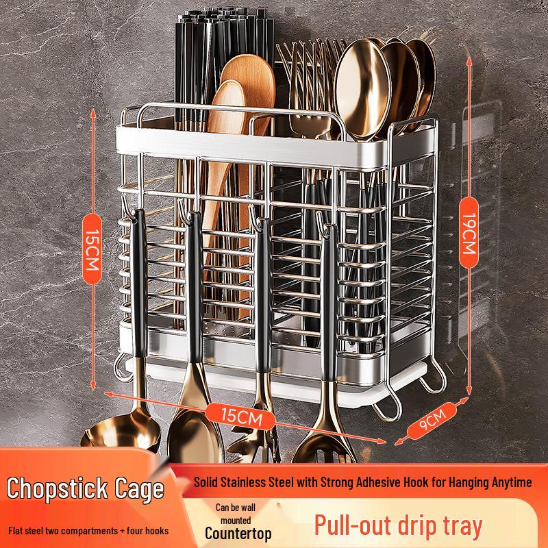 Wall-Mounted Stainless Steel Kitchen Utensil Holder for Chopsticks, Knives, and Forks