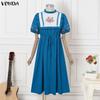 VONDA Vintage Women Stand Neck Short Sleeve Embroidery Patchwork Long Dress