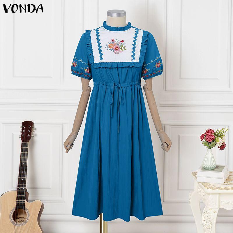 VONDA Vintage Women Stand Neck Short Sleeve Embroidery Patchwork Long Dress