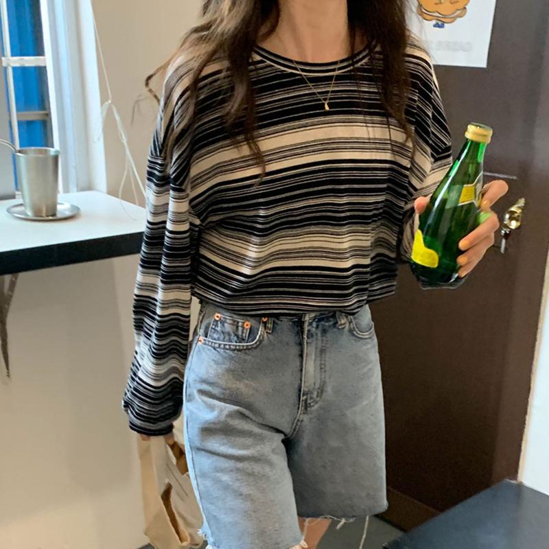 Bluza damska, cienka, luźna, z długim rękawem, modny sweter w paski