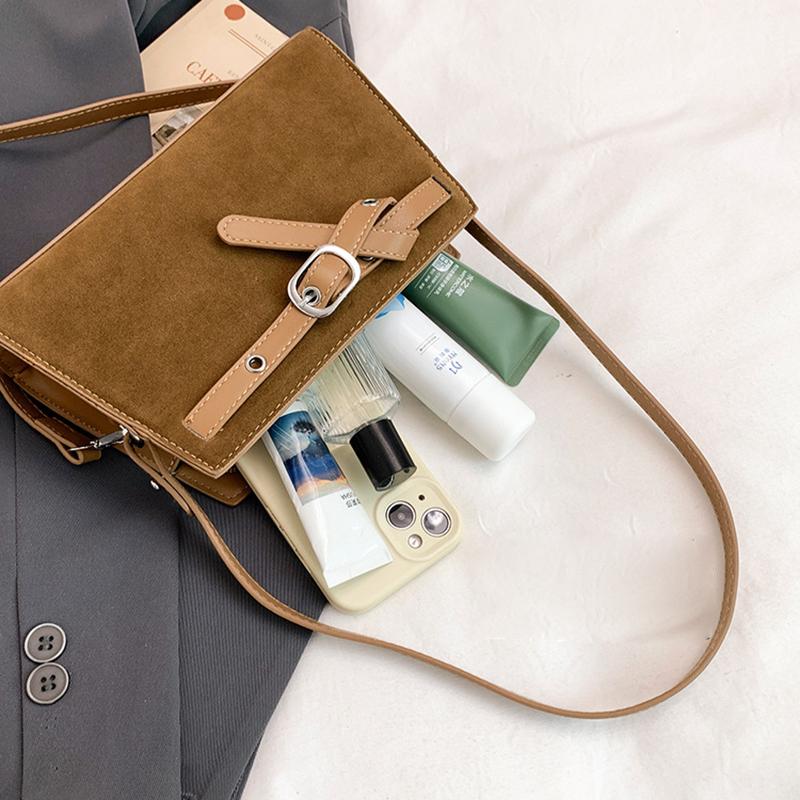 Yogodlns Retro Suede One Shoulder Bags for Women Early Autumn Square Frosted Solid Zipper Crossbody Bag Versatile Commute Handbags