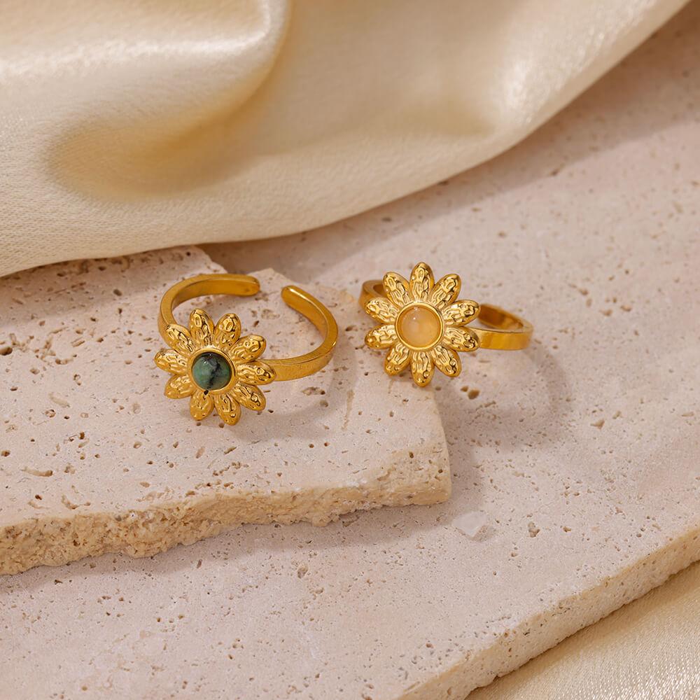 Oval Stone Open Rings For Women Men Gold Color Stainless Steel Sunflower Ring Wedding Engaement Jewelry Gift Bague