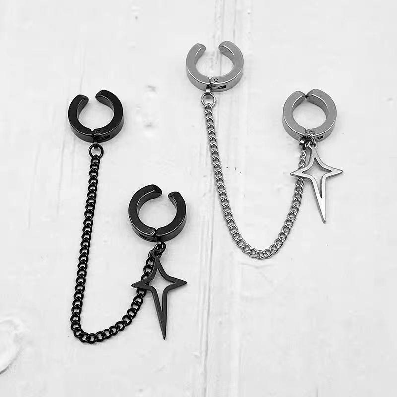 1 Piece Of Ear Hole Free Four Pointed Star Ear Clip,Cool And Handsome Ear Hanging Ear Bone Chain, Versatile Earrings For Trendy Women With Personality